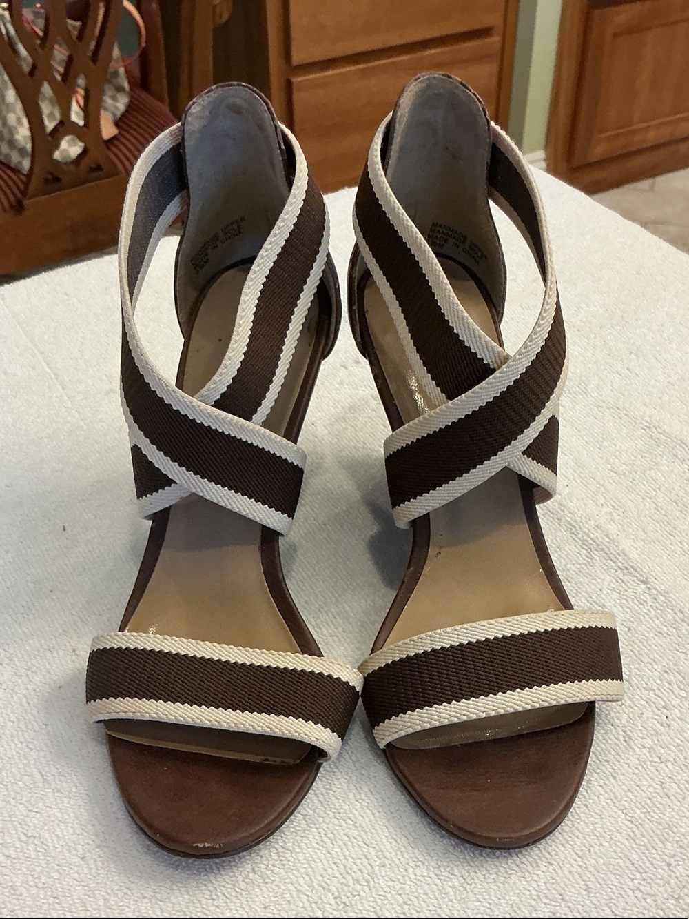 Ann Taylor Brown and Cream Crisscross Wedge Sandals
